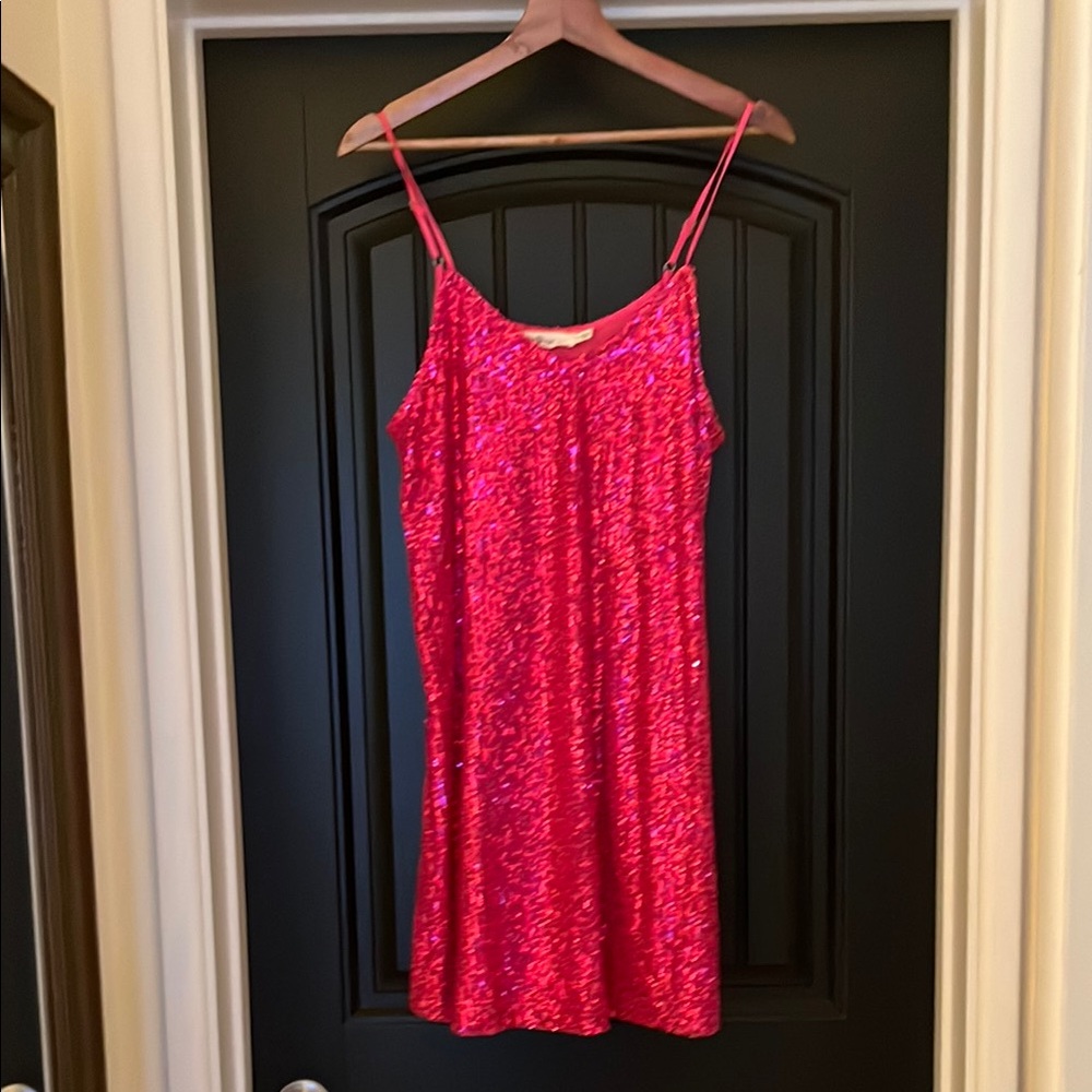 Pink Sequence a line swing dress with Spaghetti Straps